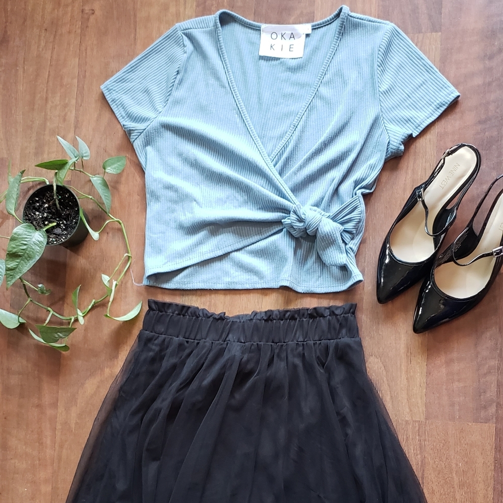 Black Pleated Tulle Sheer Midi Skirt with Slip